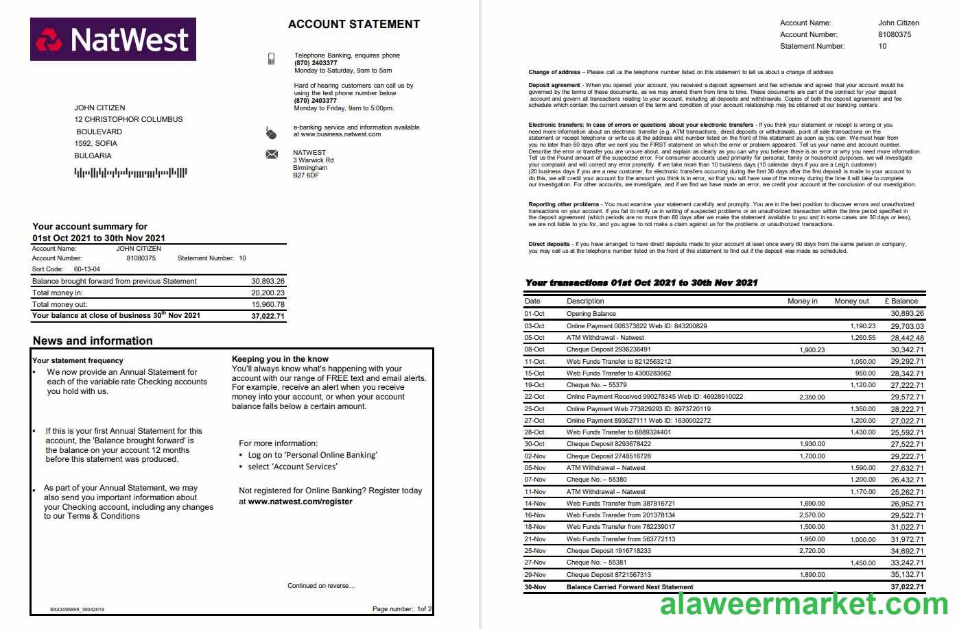 United Kingdom NatWest bank account statement template in Excel and PDF format, 2 pages